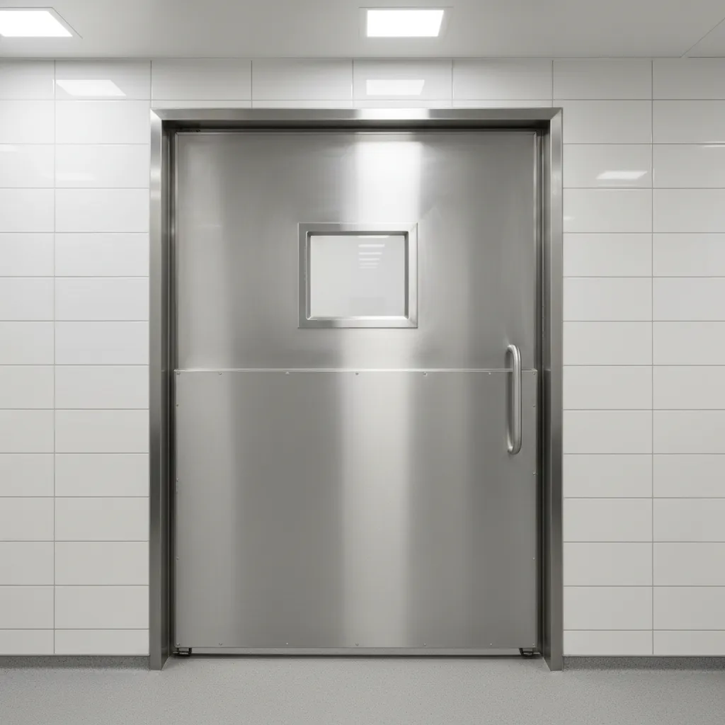 Close view of stainless steel commercial kitchen door with kick plate