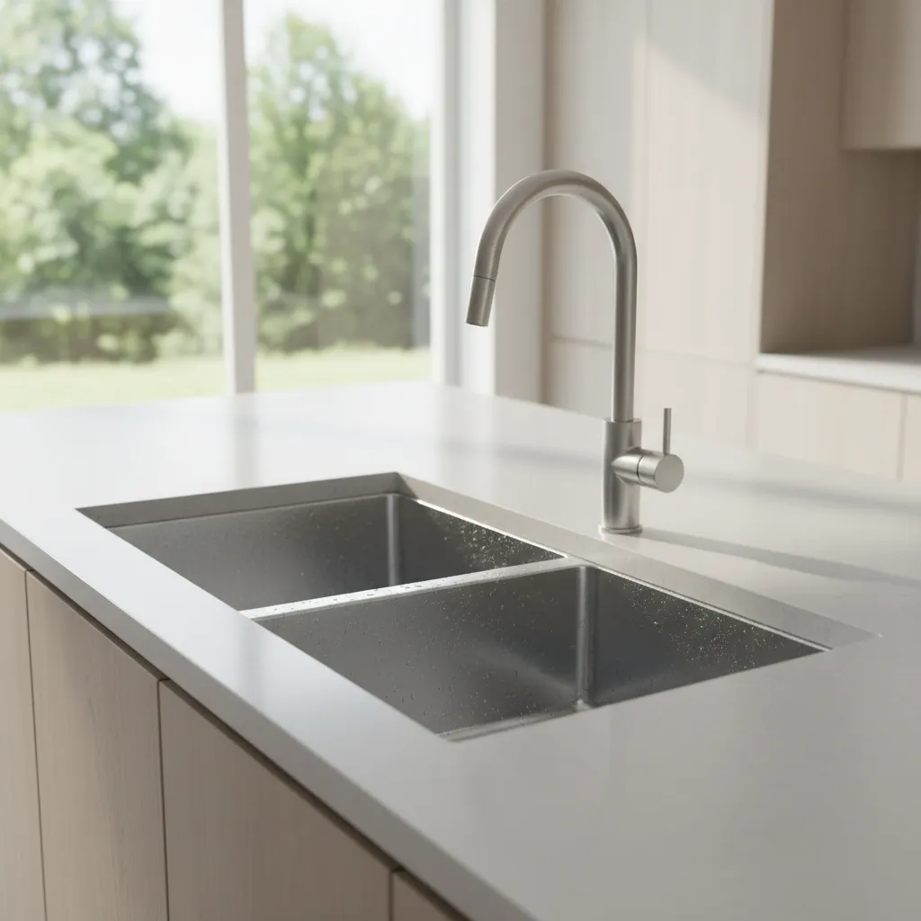 close view of durable stainless steel double kitchen sink with brushed finish