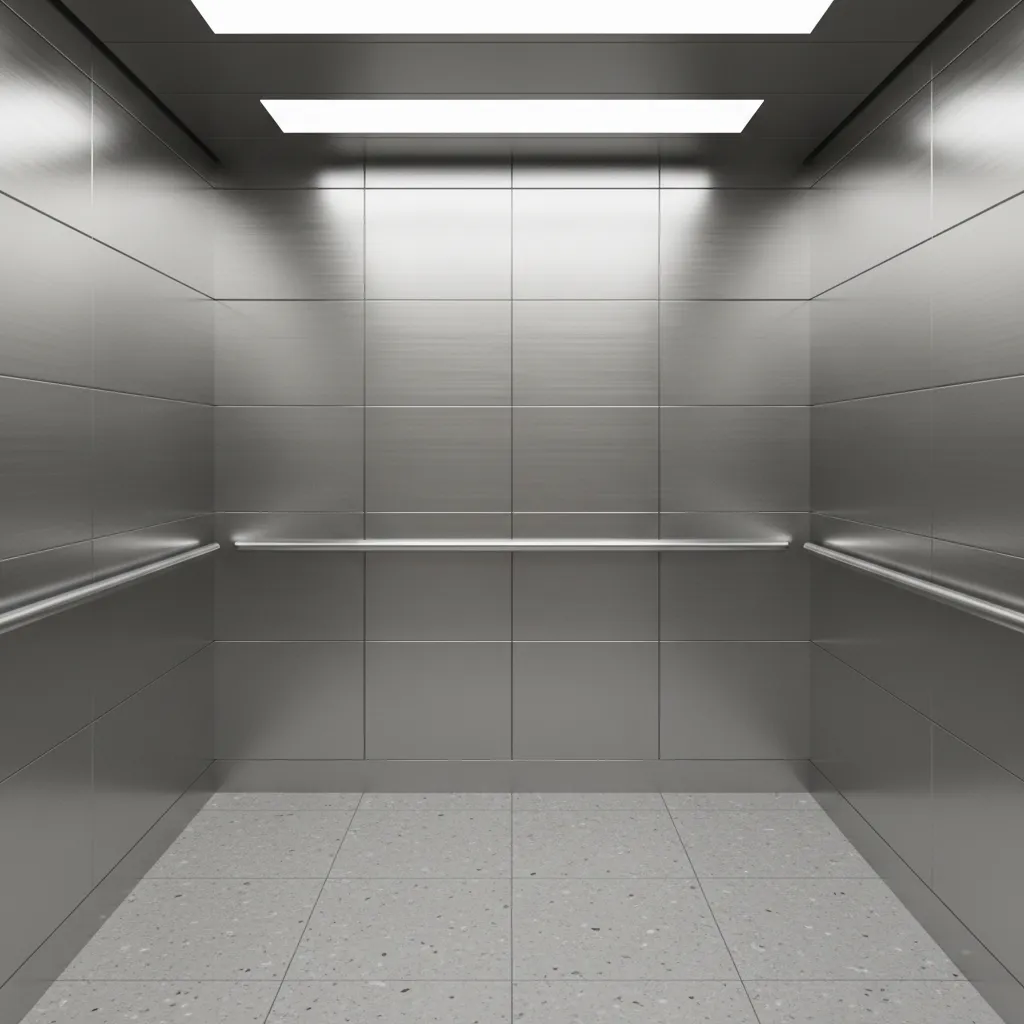 brushed stainless steel elevator cabin interior with handrails and control panel