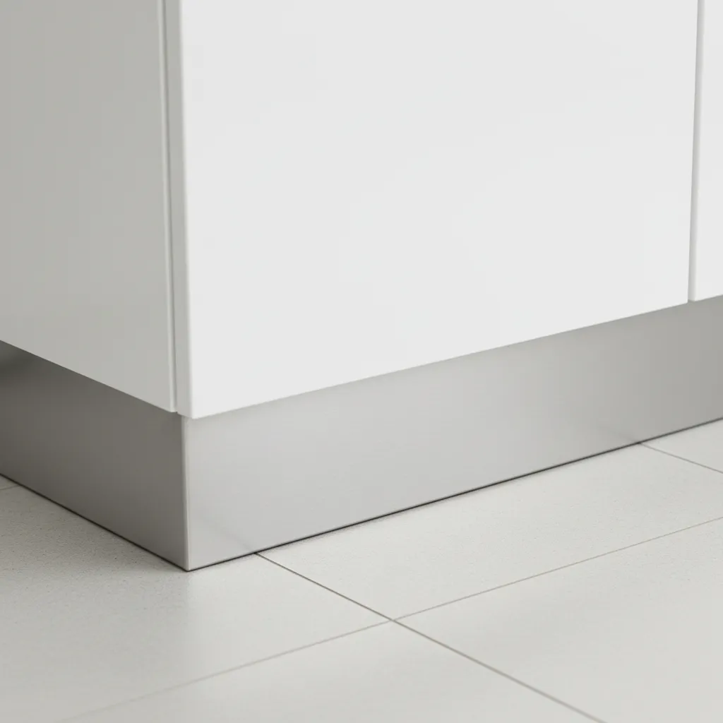Close view of stainless steel kitchen kick plate designed for easy cleaning