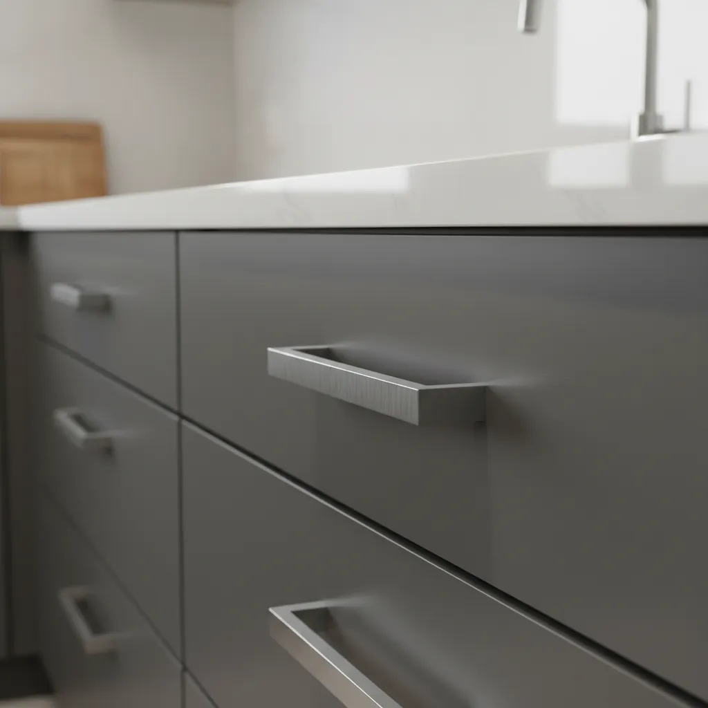 Close-up of brushed stainless steel kitchen cabinet handles