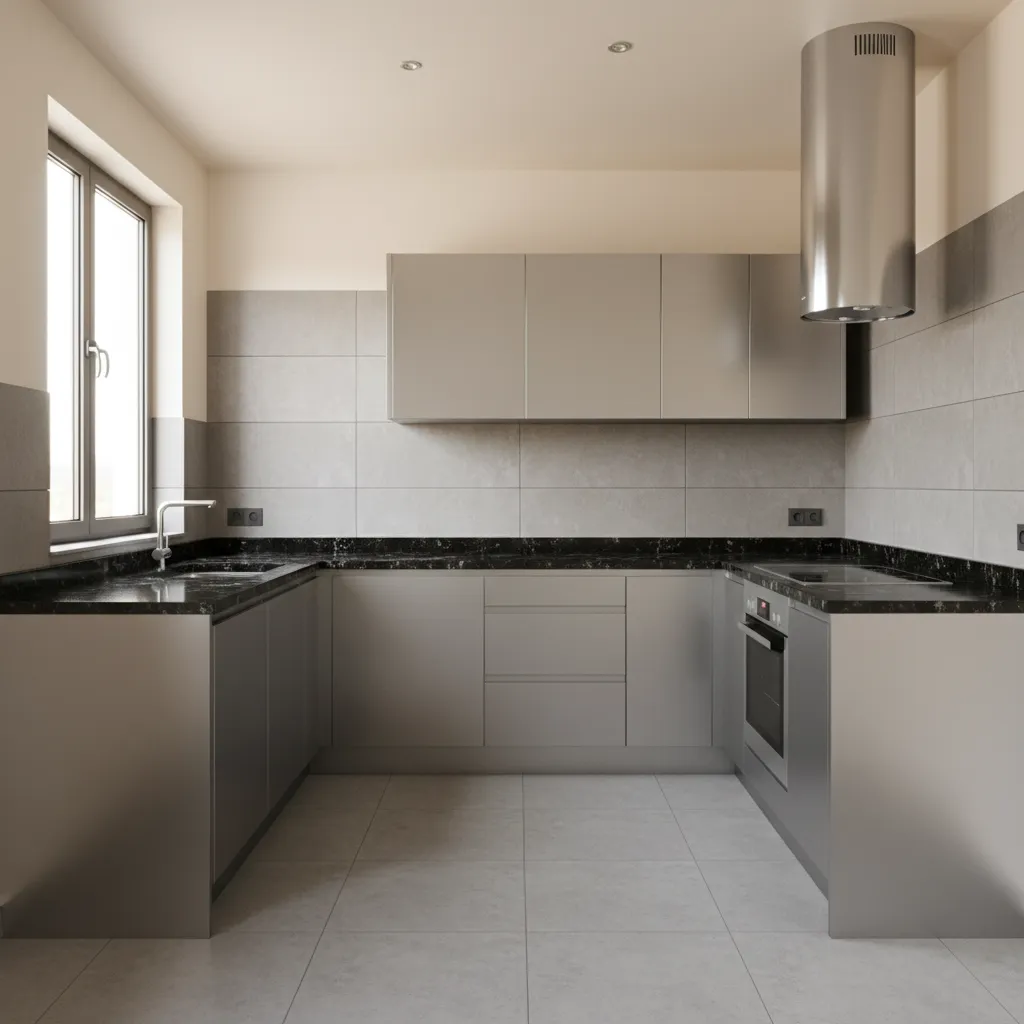 L-shaped stainless steel modular kitchen in modern apartment