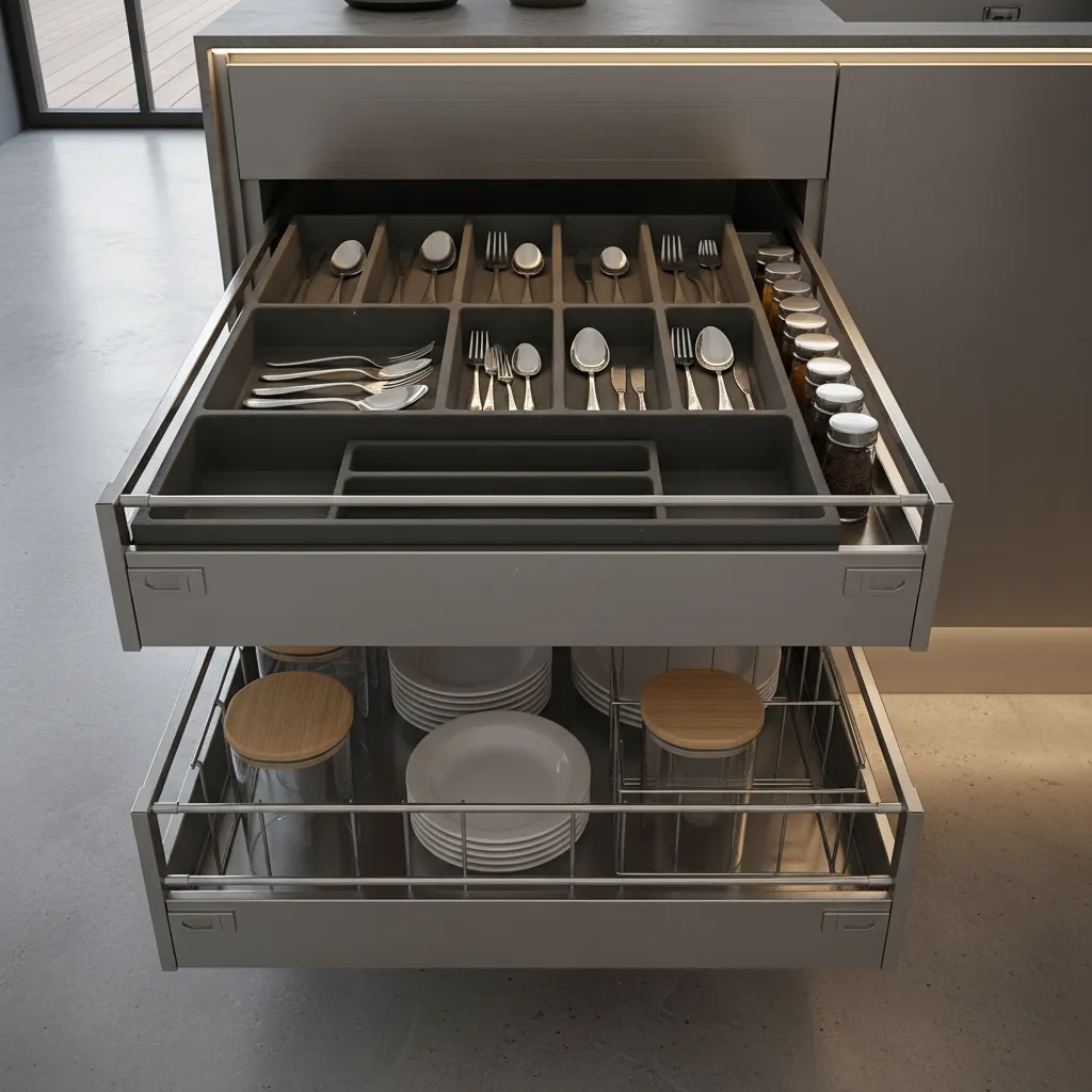 Stainless steel kitchen drawers and modular storage accessories