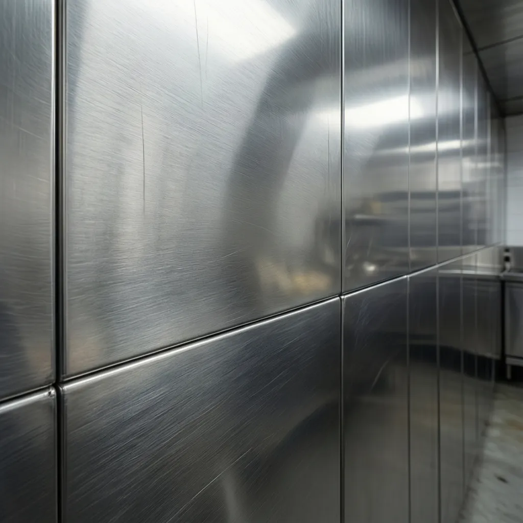 Close-up of brushed stainless steel kitchen wall panel installation