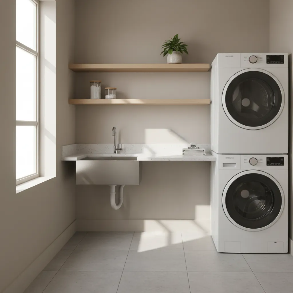 modern laundry room with stainless steel utility sink and cabinets