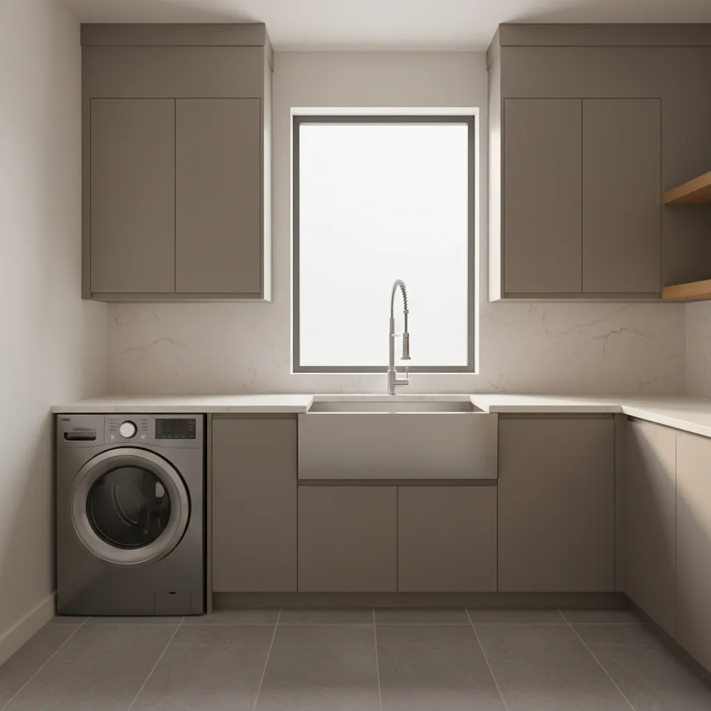 stainless steel laundry utility sink installed in a functional laundry room