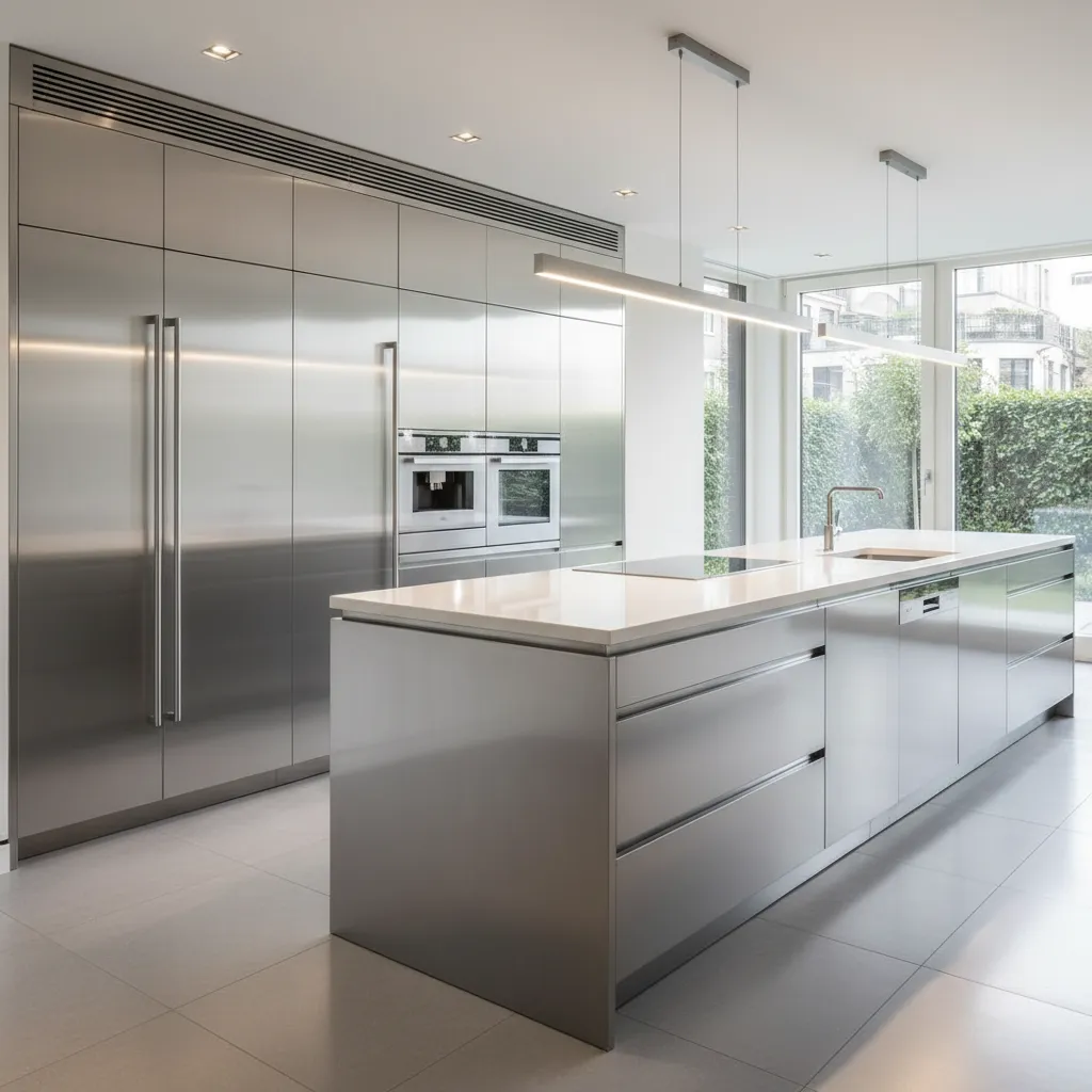 sleek stainless steel modular kitchen cabinets and countertop