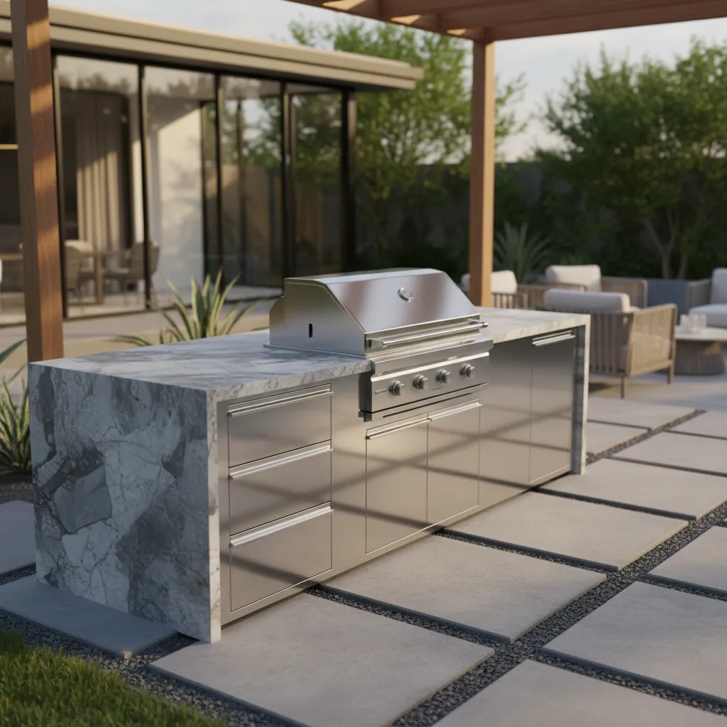Stainless steel cabinets installed in a modern outdoor kitchen island