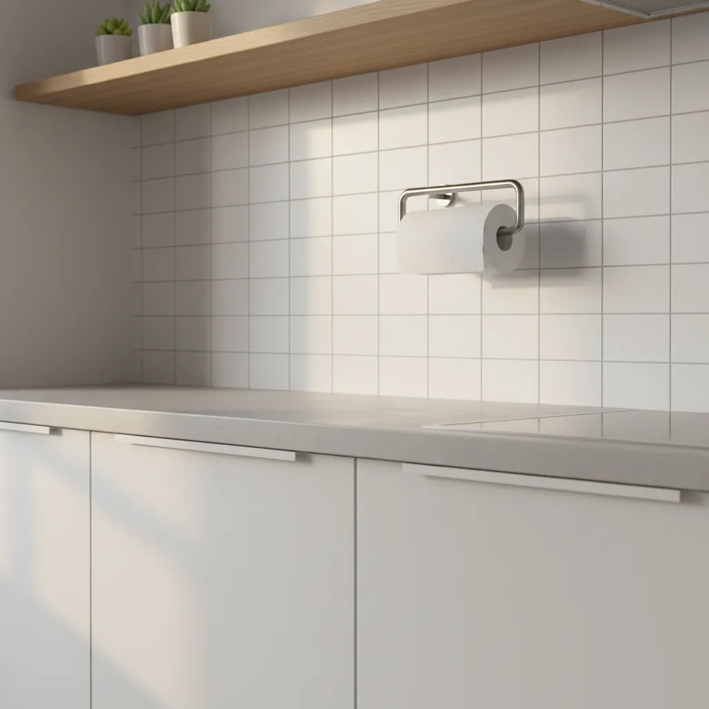 stainless steel wall mounted paper towel holder in modern kitchen