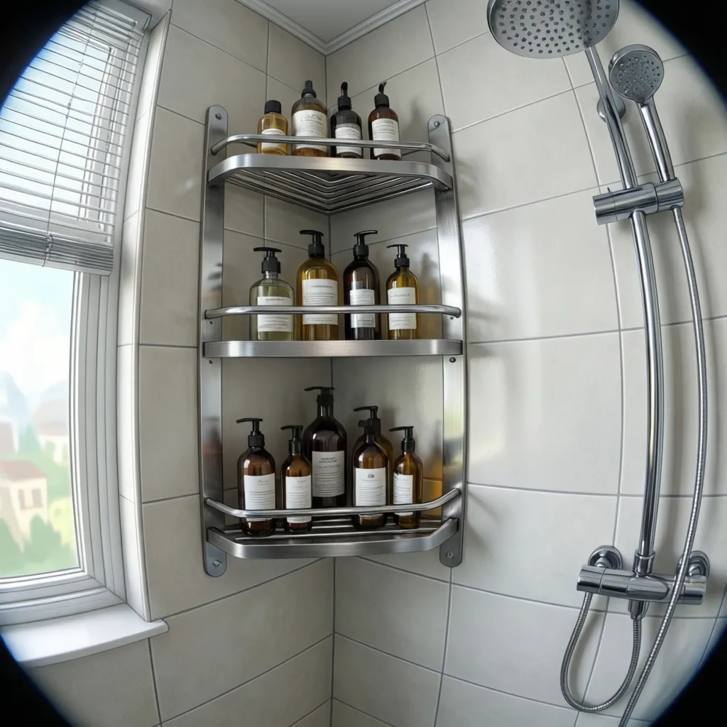 stainless steel corner shower shelf mounted on tiled wall