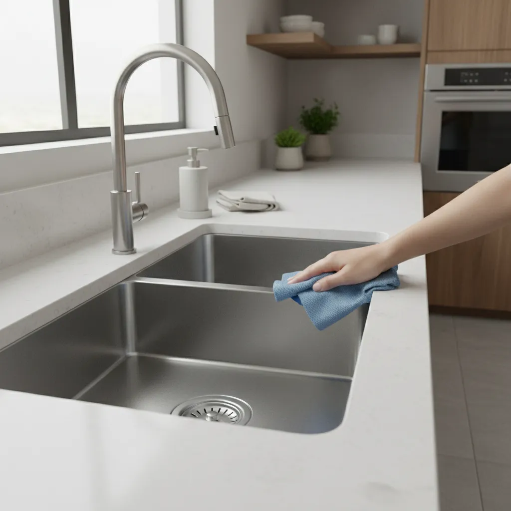 drying stainless steel kitchen sink with microfiber cloth after washing dishes