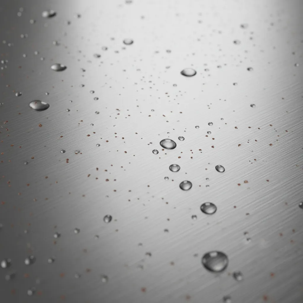 close up of small rust spots forming on stainless steel kitchen sink surface