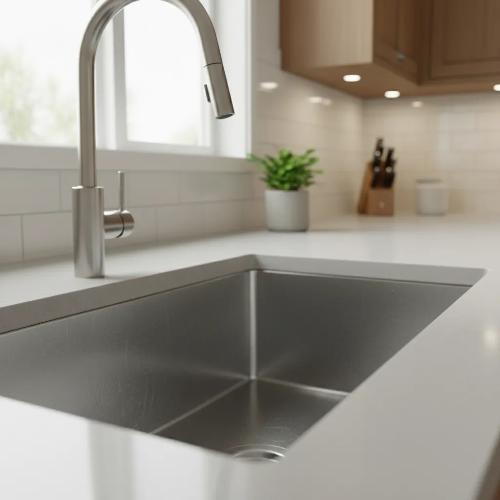 close view of stainless steel kitchen sink surface scratches
