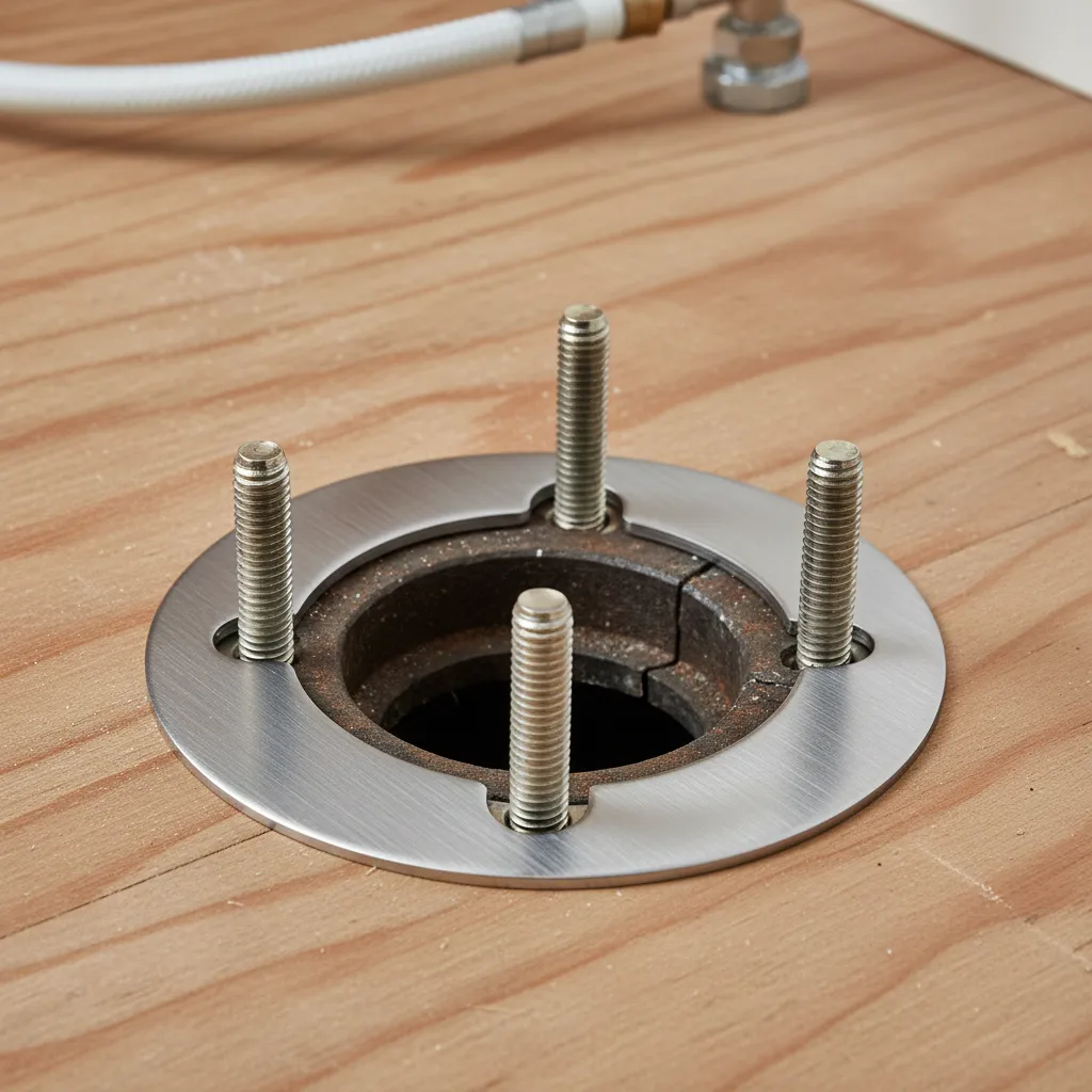 Stainless steel toilet flange repair ring installed over damaged flange