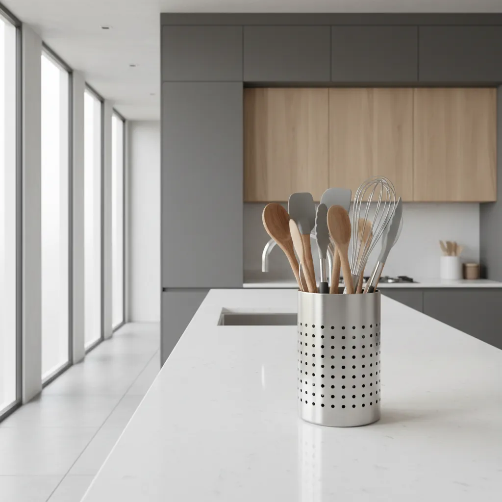 Stainless steel utensil holder with ventilation holes on a contemporary kitchen counter