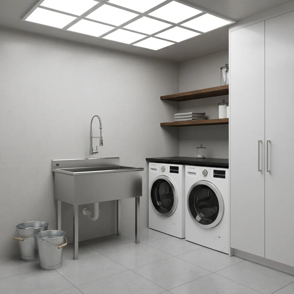 Stainless steel utility sink used for heavy-duty cleaning tasks in laundry room