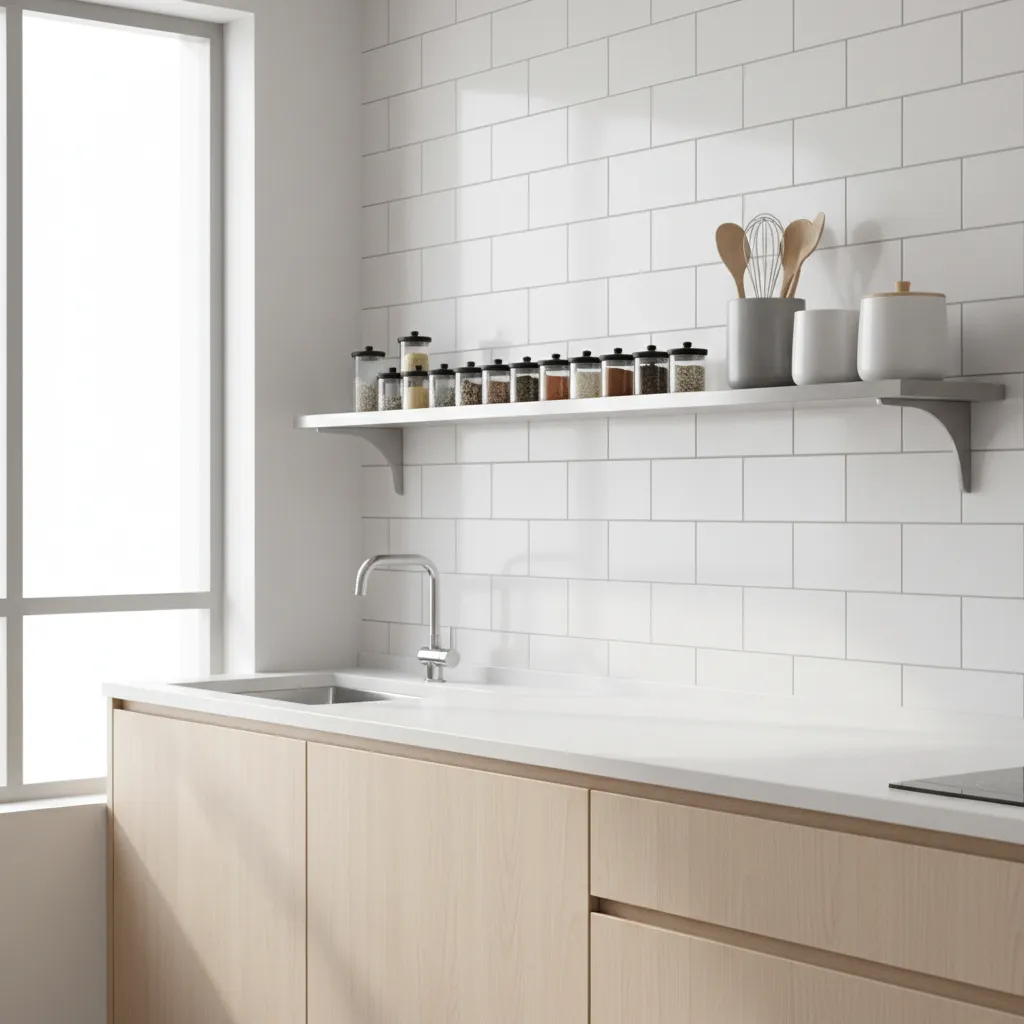 Kitchen prep area with stainless steel wall rack storing spices and utensils