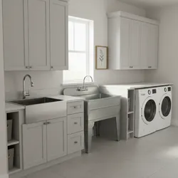 Laundry room layout with stainless steel sink metal tub sink white cabinets and washing machines