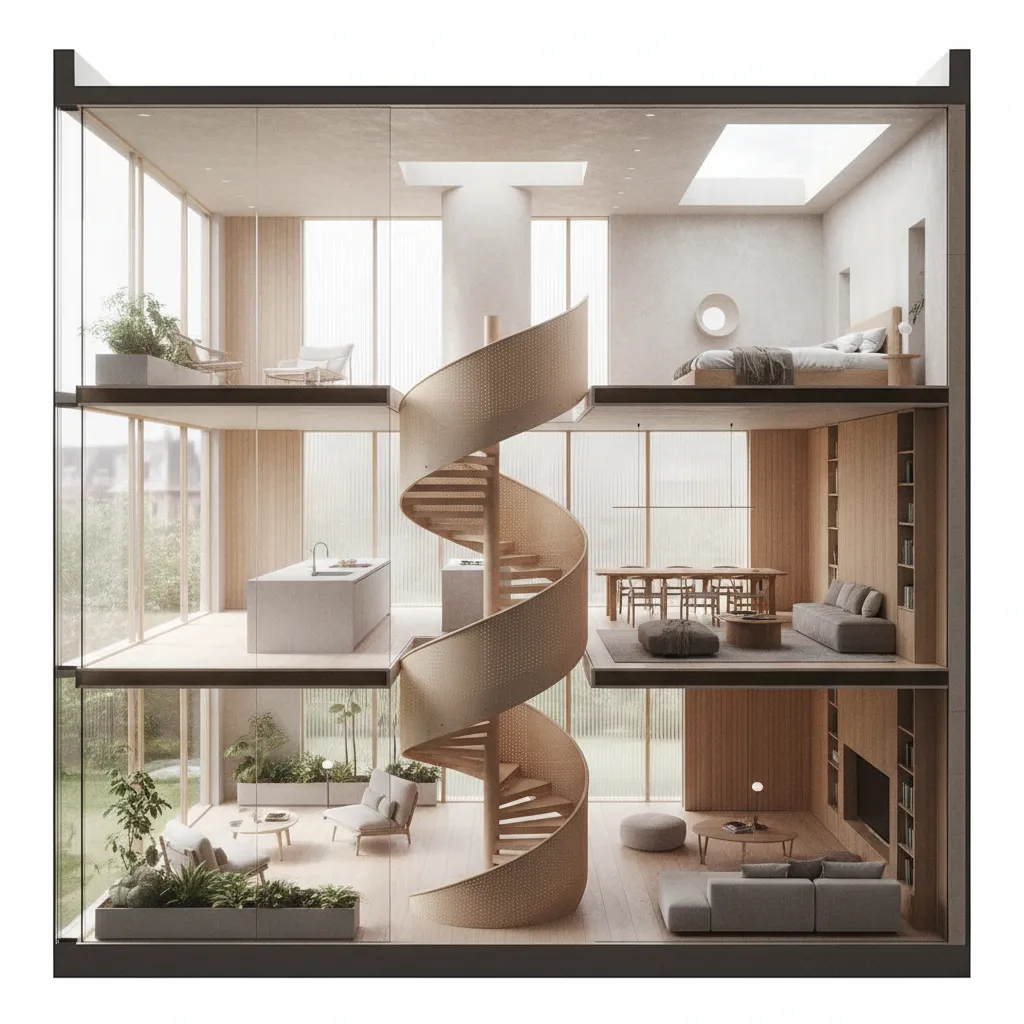 Interior design drawing showing three levels with spiral staircase kitchen bedroom and minimal living room