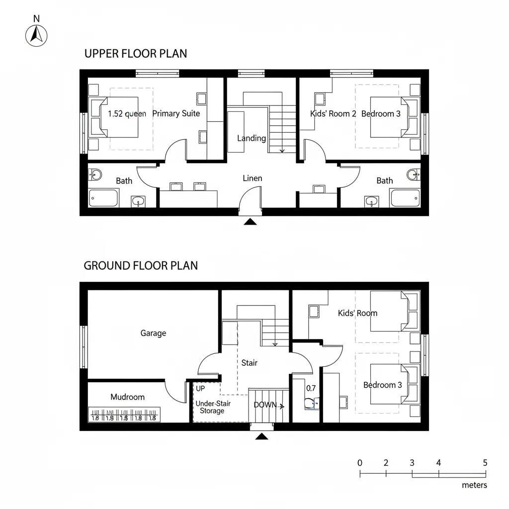 Floor plan drawing showing a two story house with garage bedrooms bathrooms stairs and living spaces
