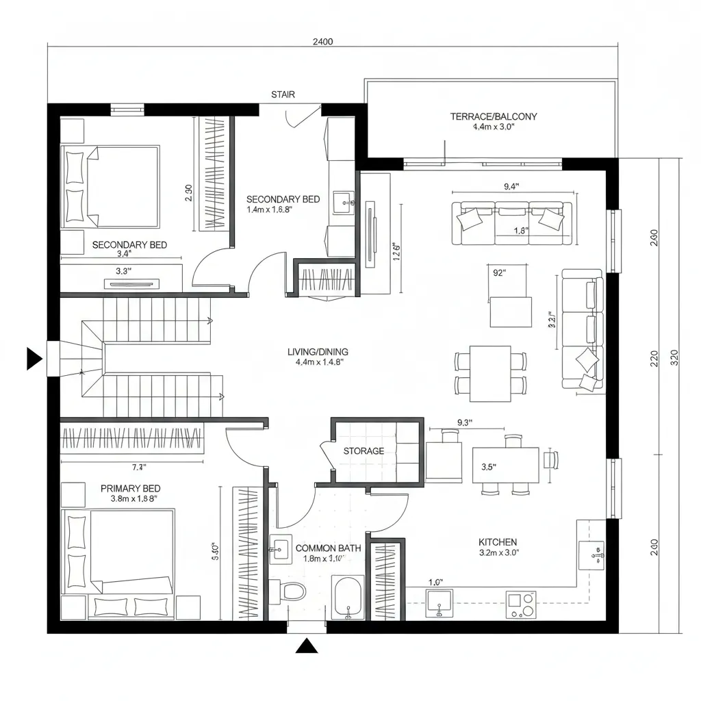 Clear floor plan layout with two bedrooms kitchen living room bathroom stairs and a balcony