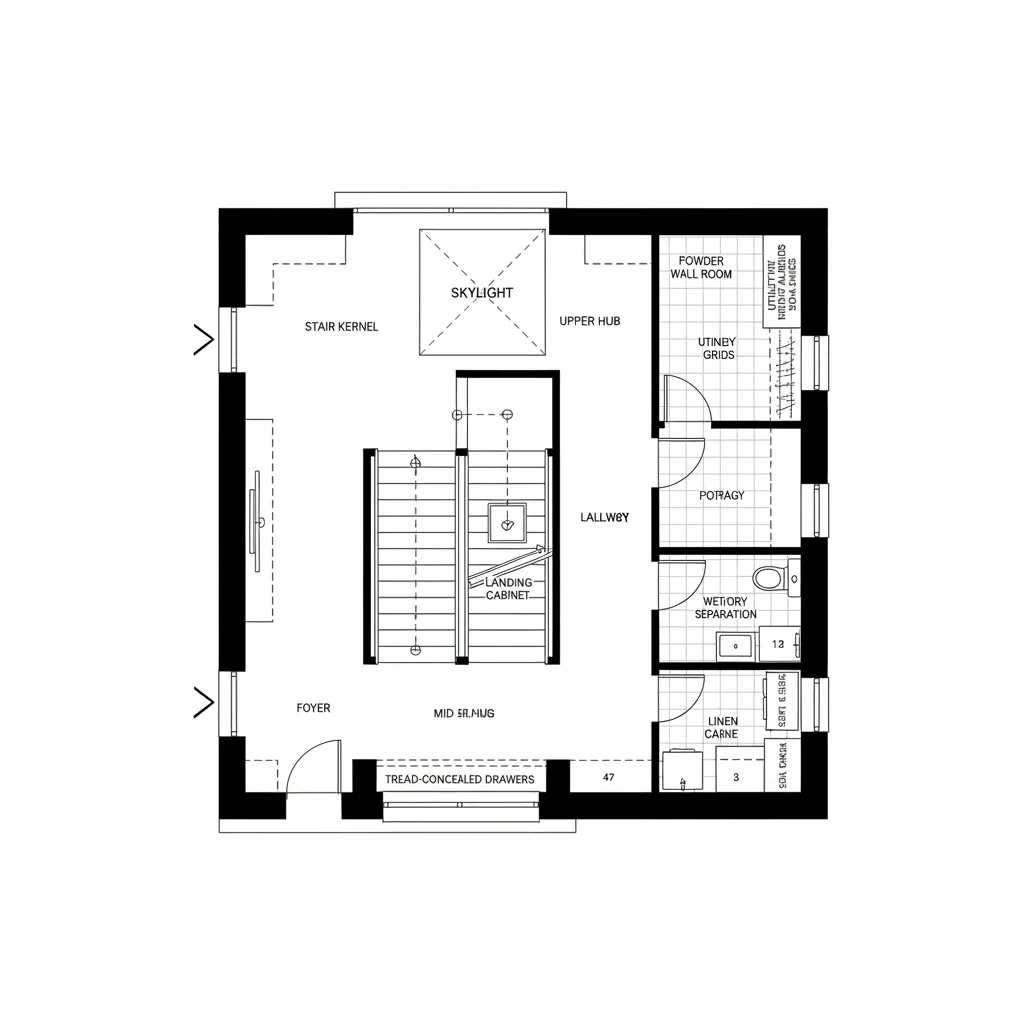 Plan highlighting daylit stair core and parallel service spine