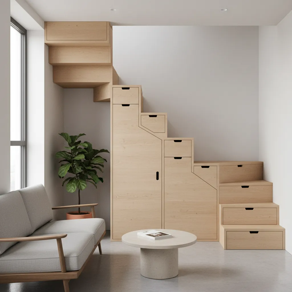 modern staircase with built in storage drawers in small duplex home