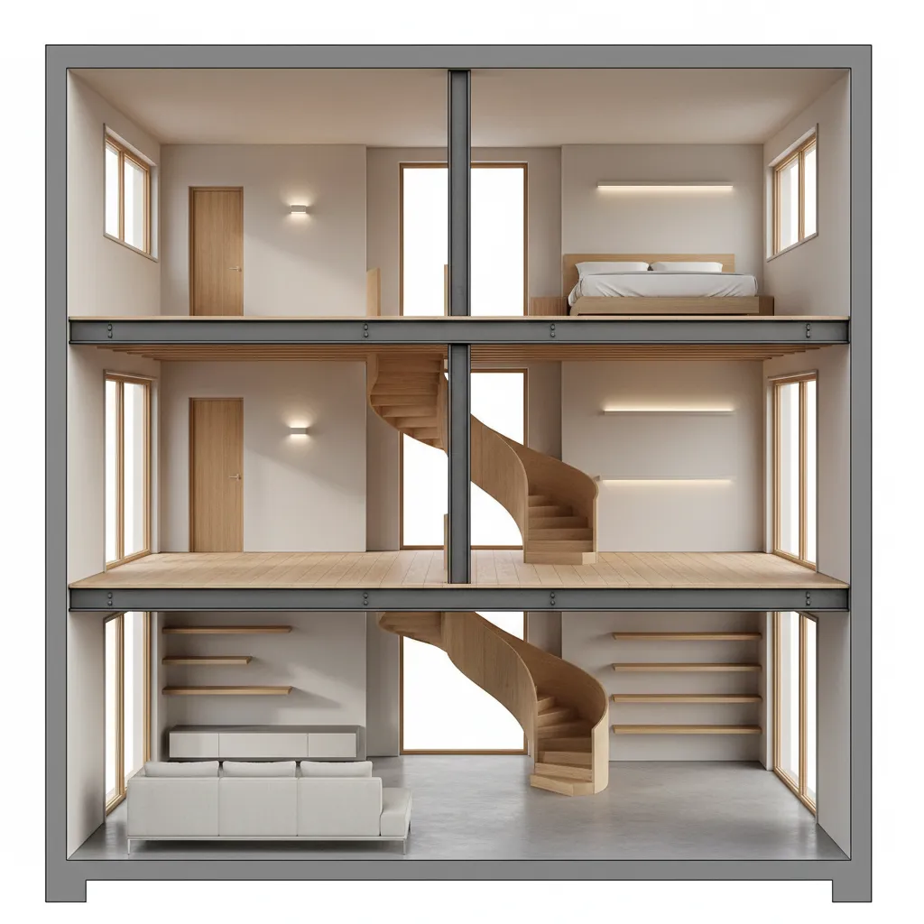 cutaway floor plan showing staircase alignment across two residential floors