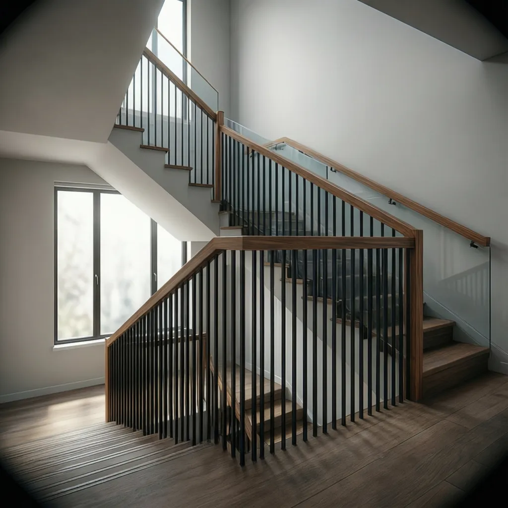 Interior staircase showing different banister materials in a modern home