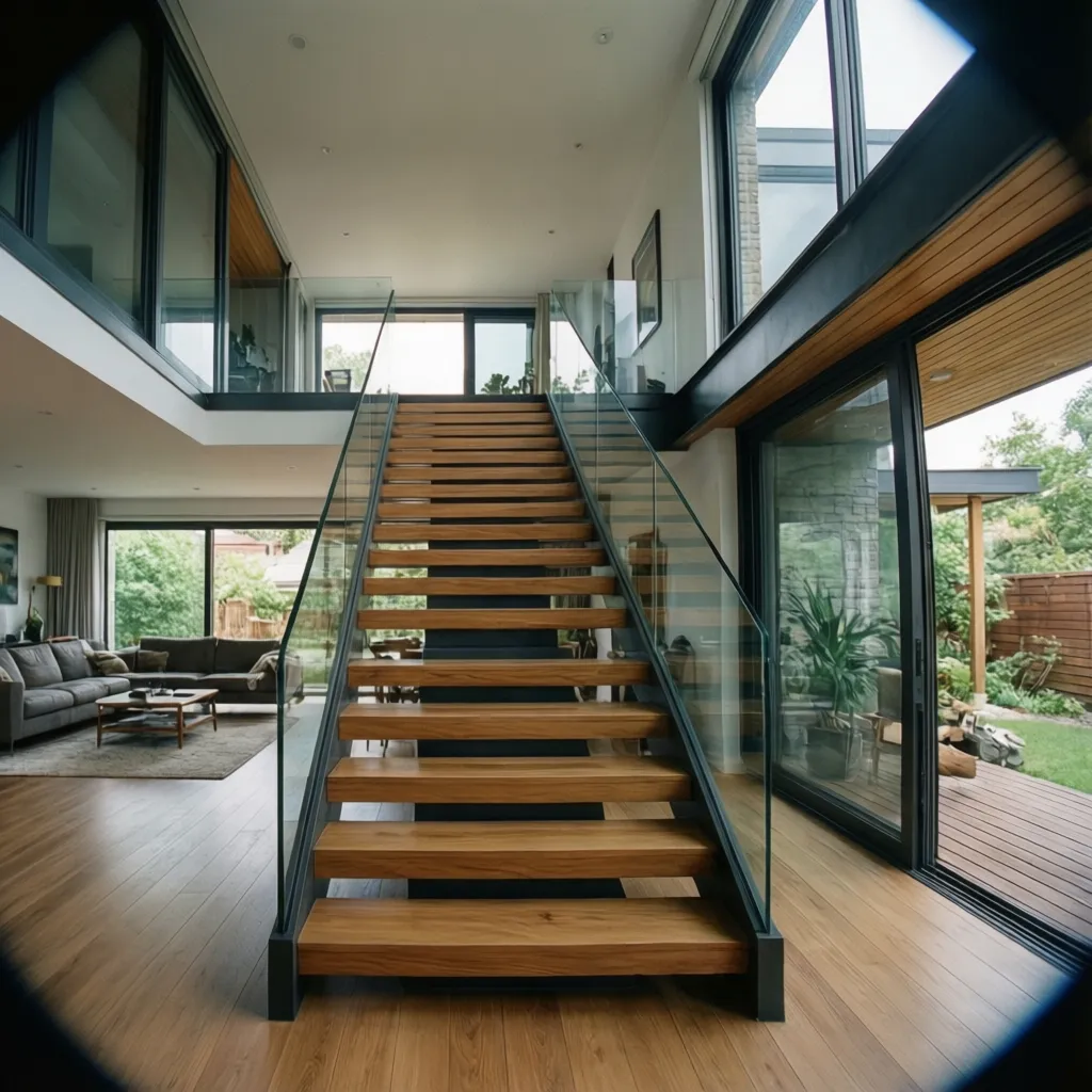 Escalera central moderna conectando dos plantas en una vivienda contemporánea