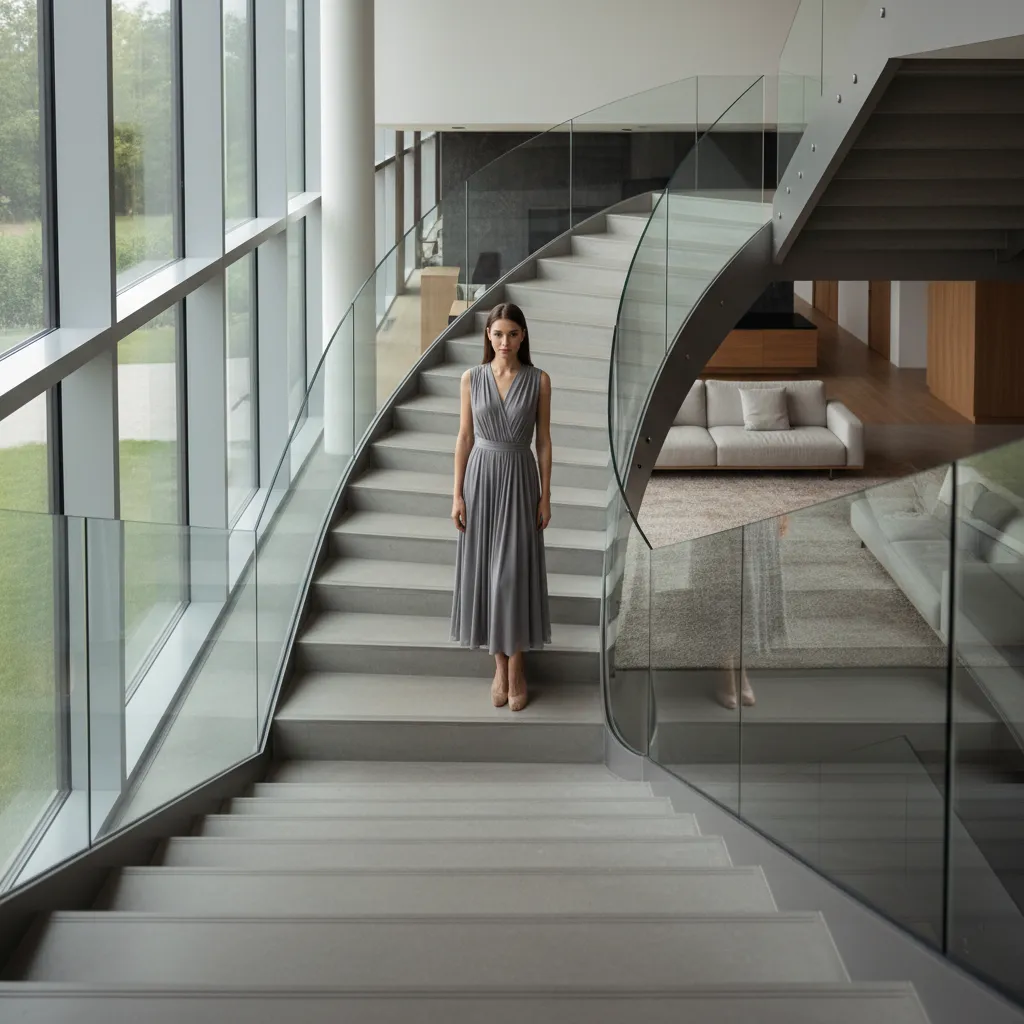 Foreground stair step blurred creating depth in staircase portrait composition