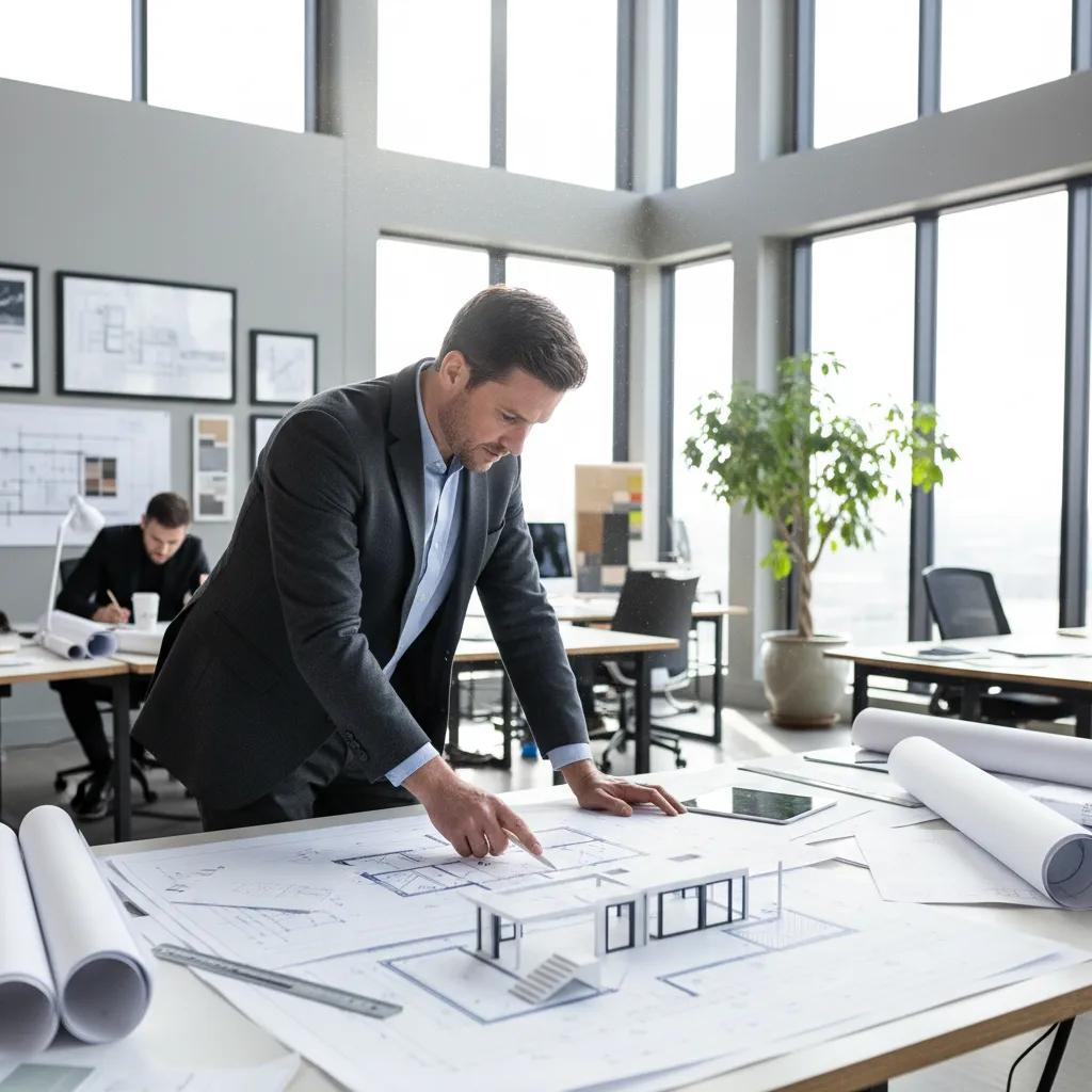 Professional designer in a bright office reviewing an interior design drawing and a house model