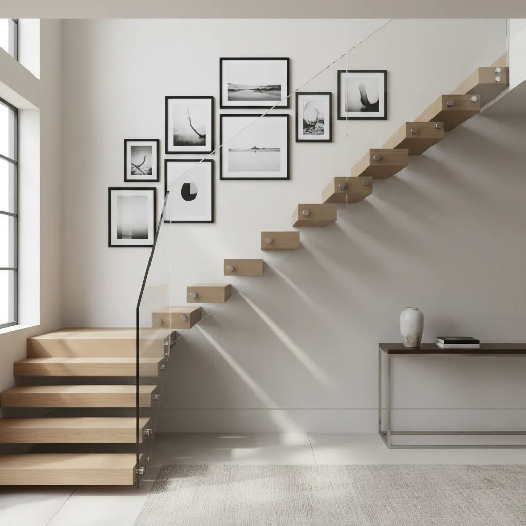 Galería de cuadros alineada con la inclinación de una escalera interior