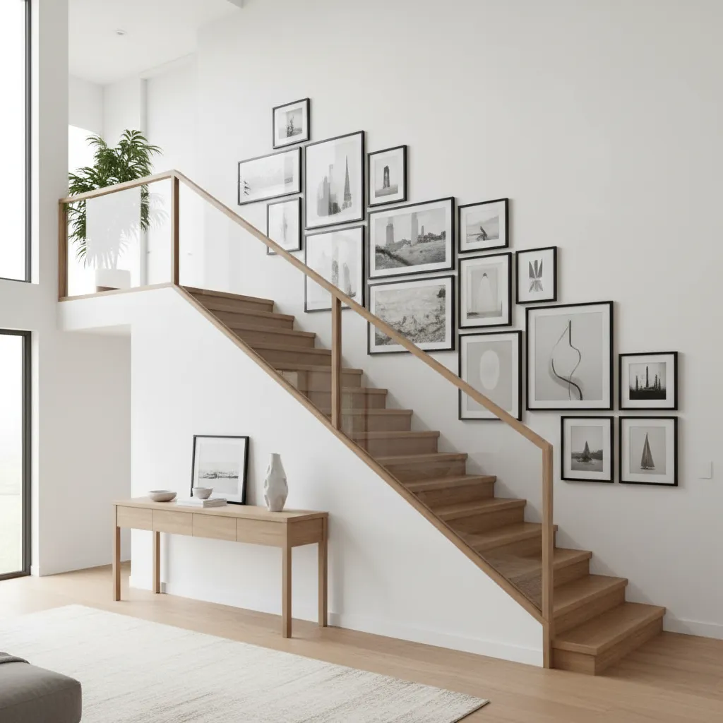 Gallery wall frames aligned with staircase angle