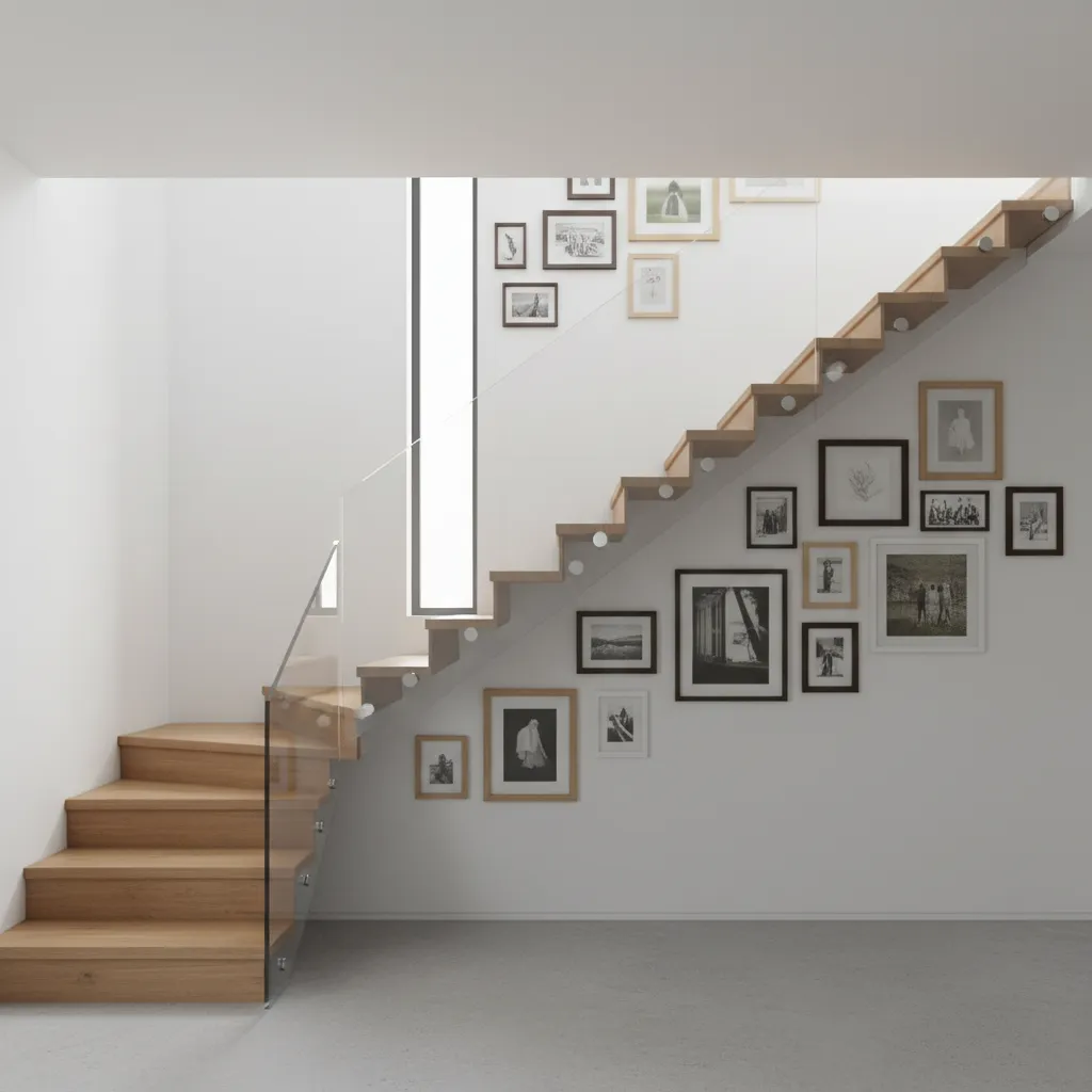 Gallery wall following the angle of a staircase with mixed frame sizes