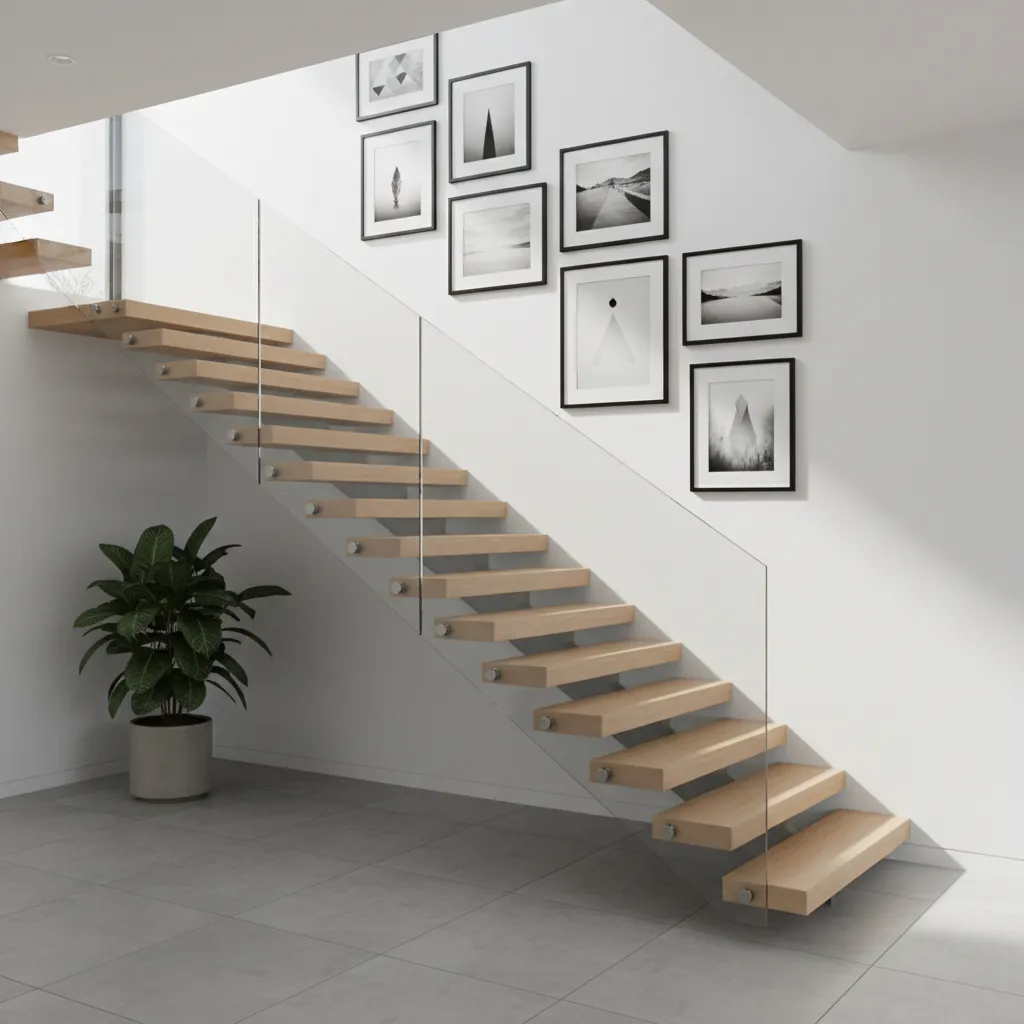 eight frame staircase gallery wall following stair railing line