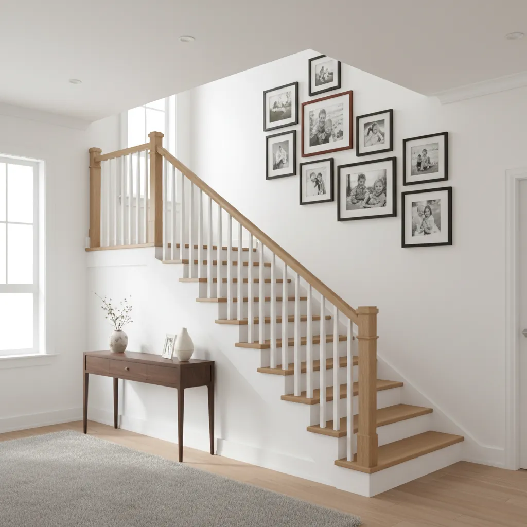 family photo gallery wall arranged along a home staircase