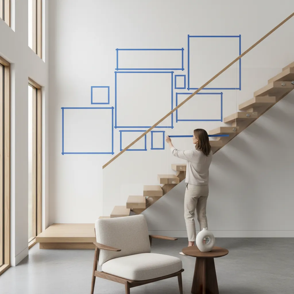 Planning staircase gallery wall layout with tape guides