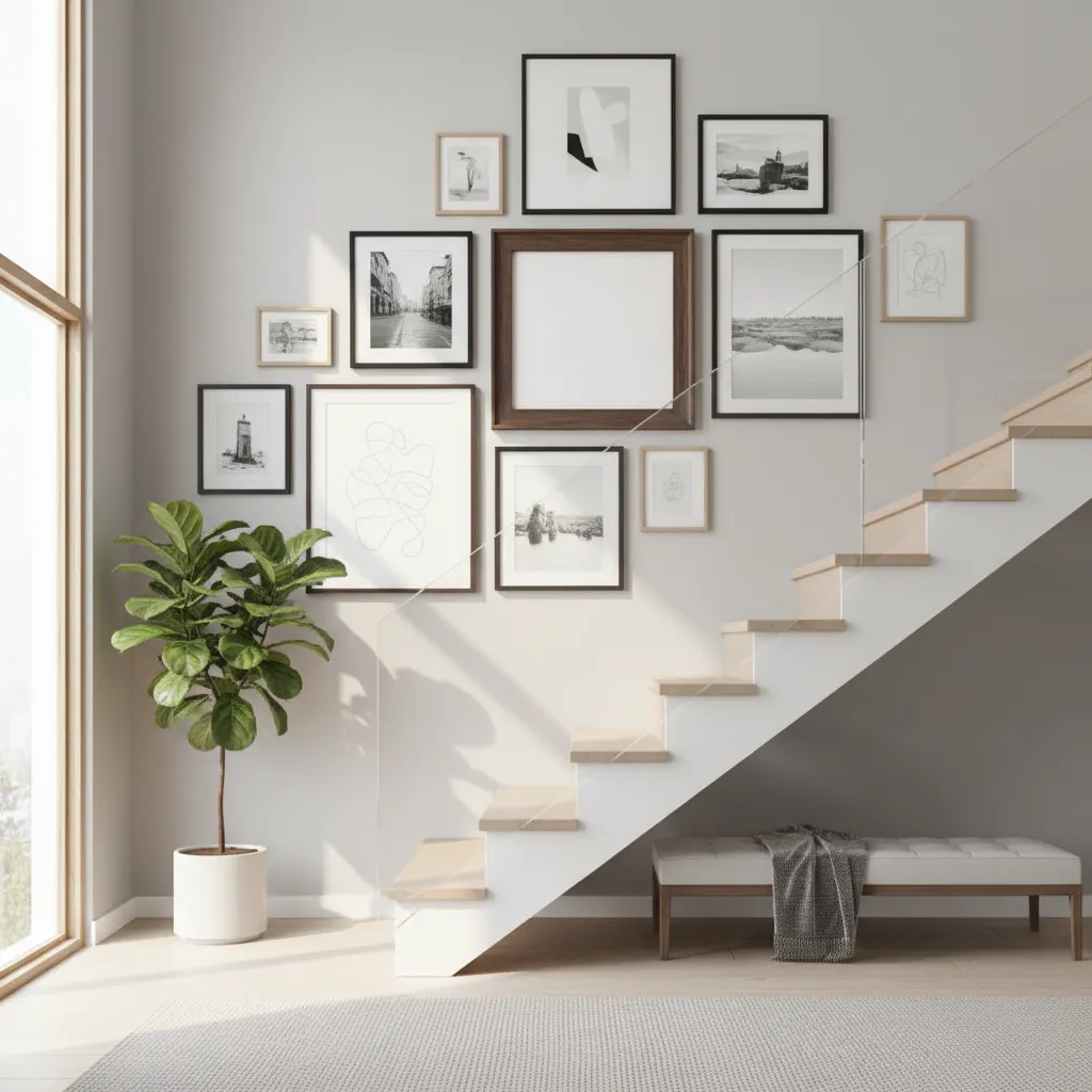 staircase gallery wall showing balanced large and small frames