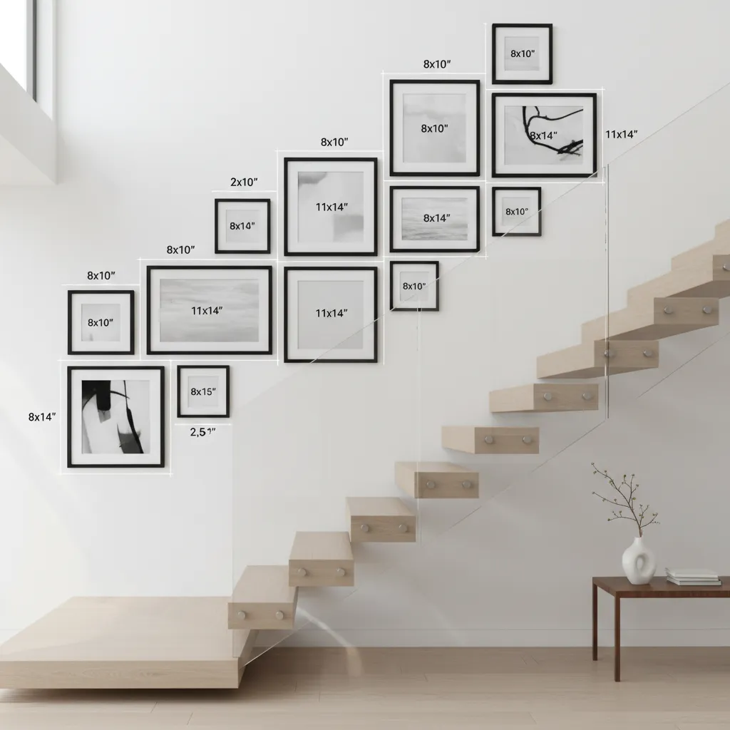 Guide showing correct spacing between staircase gallery wall frames