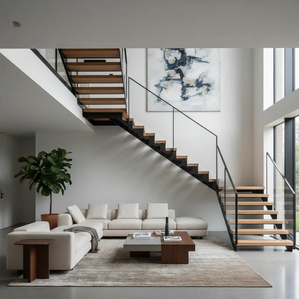 Modern living room with white sofa wood stairs black railing large painting rug and plant