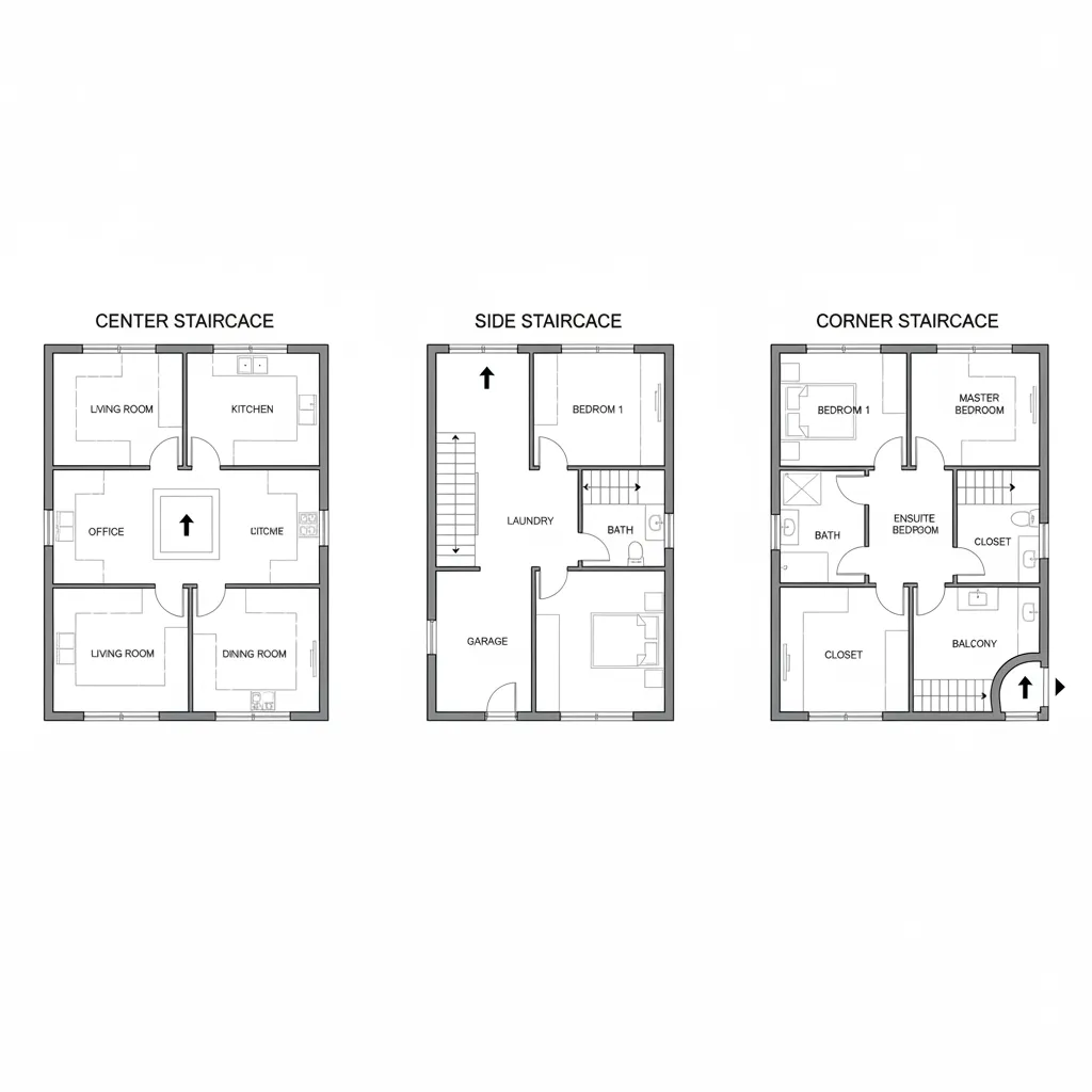 Three different house floor plan layouts comparing center side and corner staircase designs for modern homes