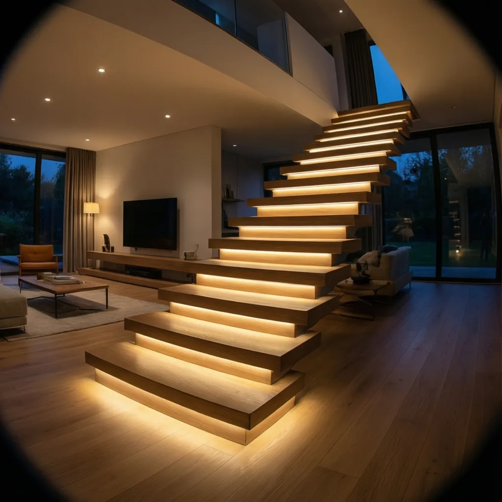 Modern dark living room with wooden stairs featuring warm lights under steps and a television