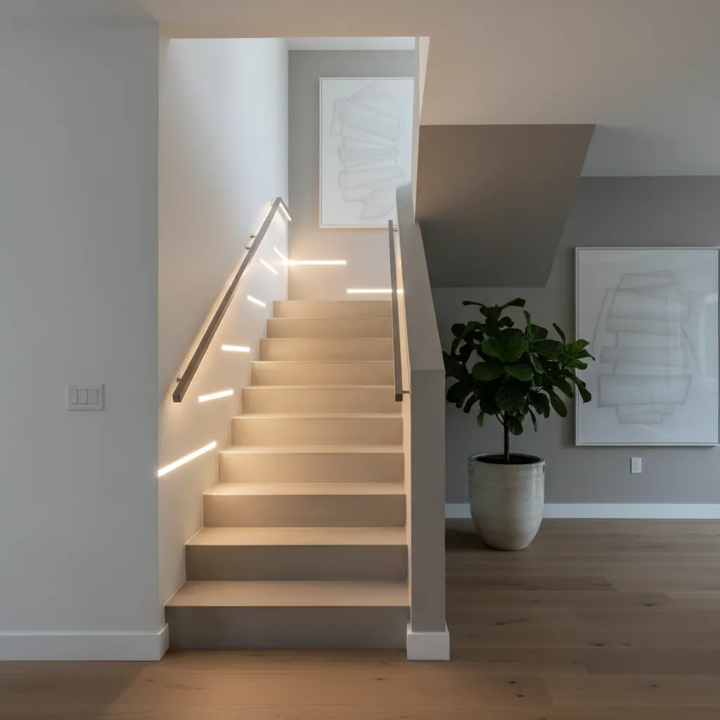 Escalera interior con iluminación LED en pared y pasamanos