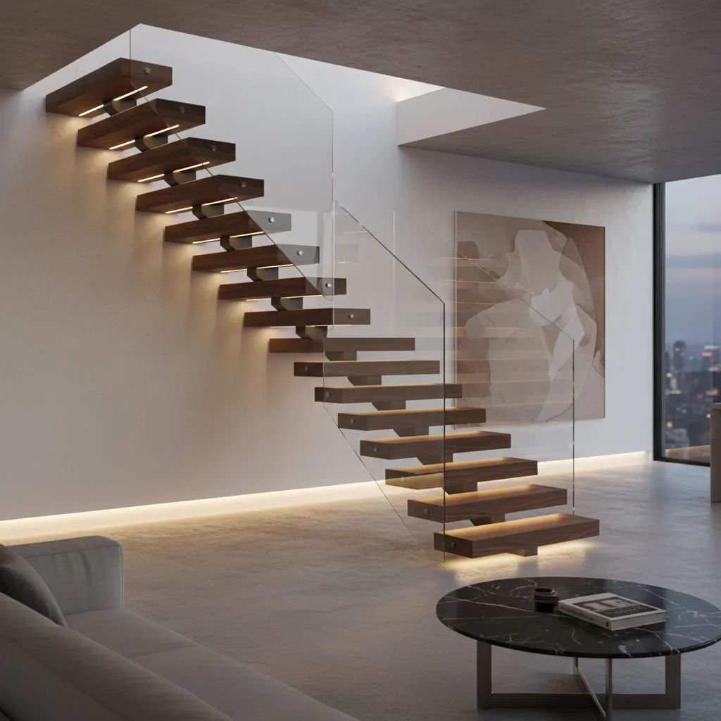 Escalera interior con iluminación LED integrada en los peldaños