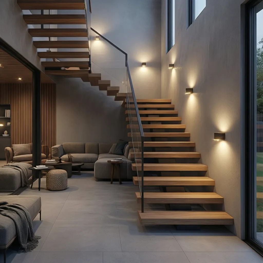 Modern open wooden staircase with glass railing near a grey sofa and warm wall lights
