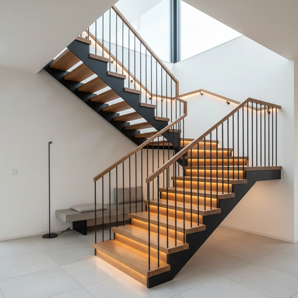 Escalera interior combinando madera y metal