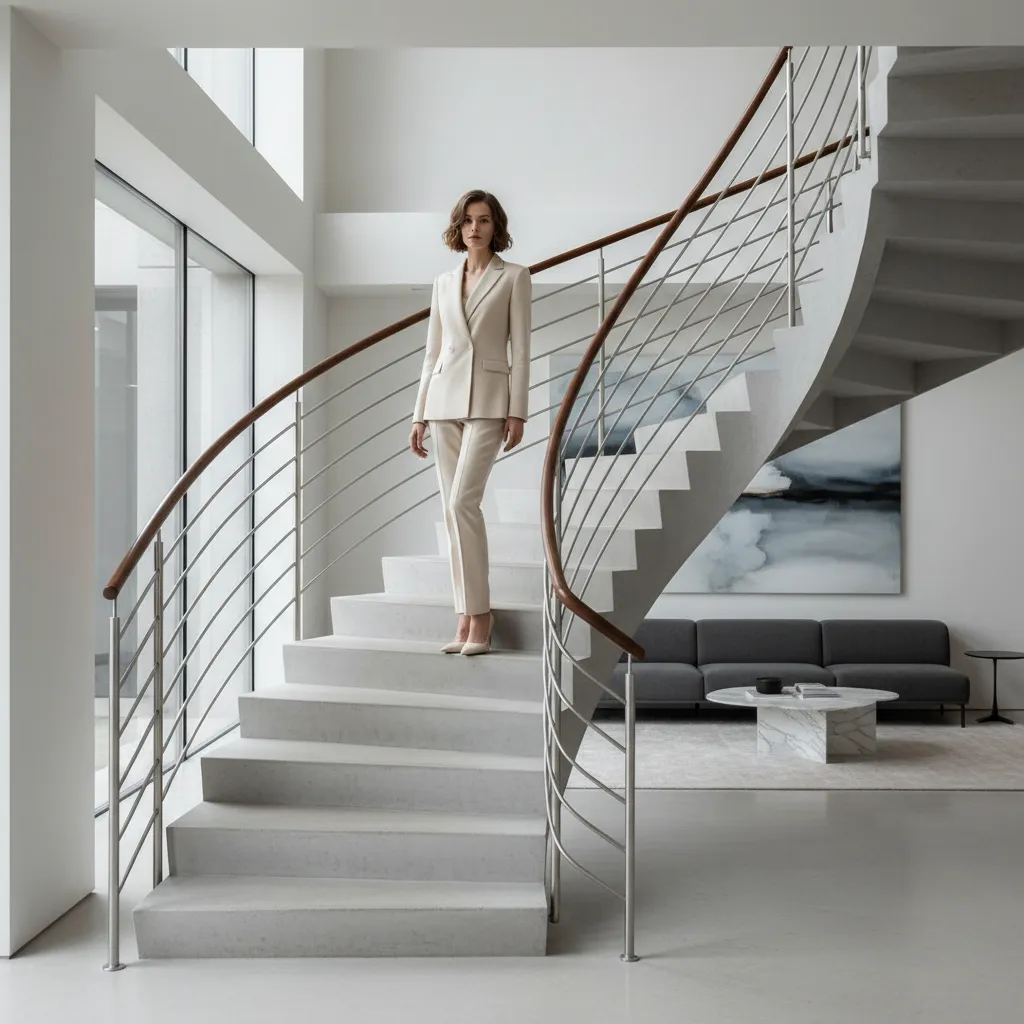 Stair railings framing a model in a modern architectural stair portrait