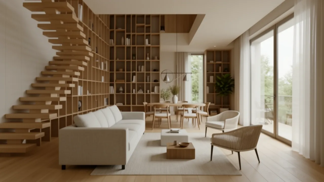 Modern staircase acting as divider between living room and dining area