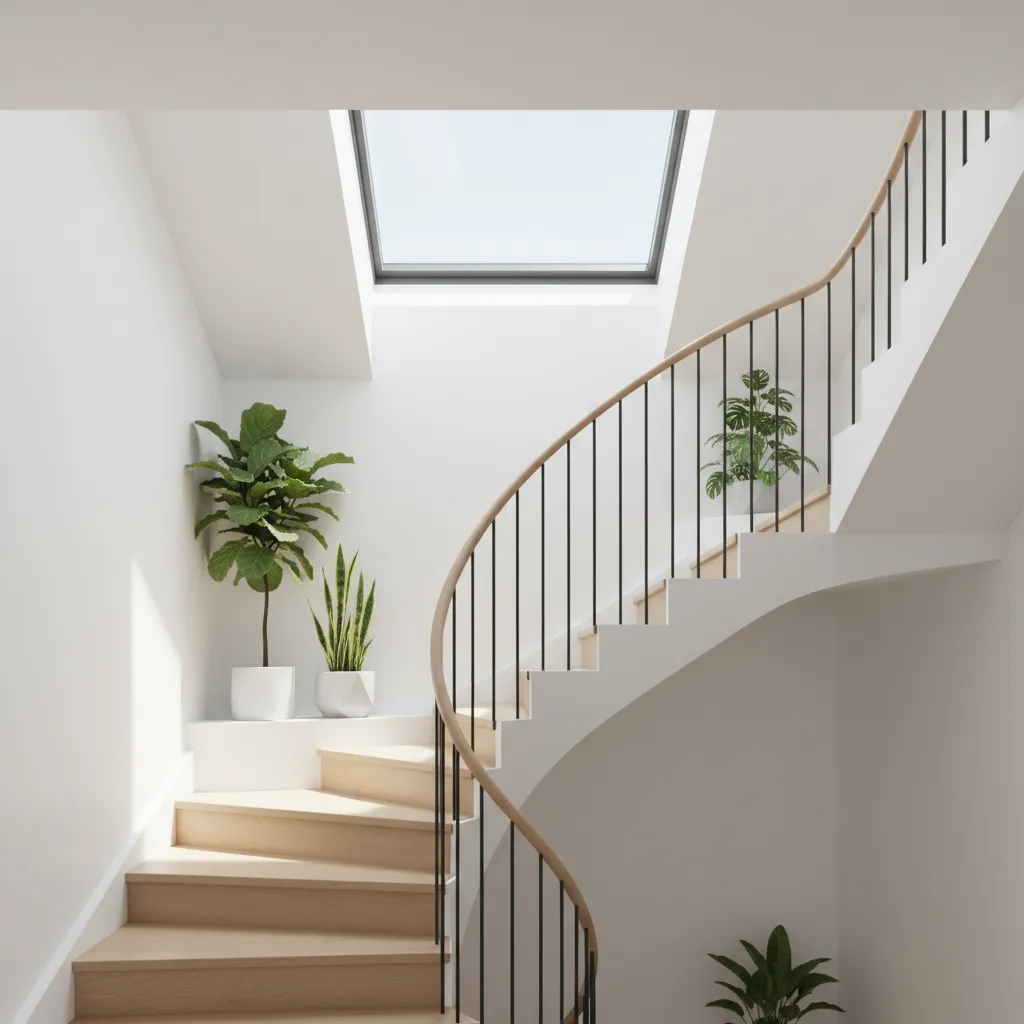 Curved white staircase with wooden steps black railing roof window and green potted plants sunlight